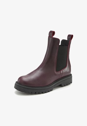 Burgundy leather ankle boot featuring elastic side panels, pull tabs, and a ridged rubber sole. Smooth texture with a sleek design.