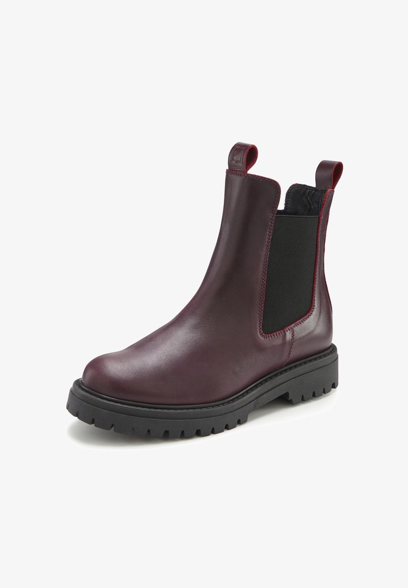 Burgundy leather ankle boot featuring elastic side panels, pull tabs, and a ridged rubber sole. Smooth texture with a sleek design.