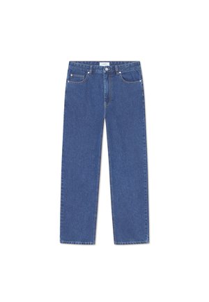 Blue denim jeans with a straight-leg design, five pockets, and a standard button closure. The material has a classic texture and medium weight.