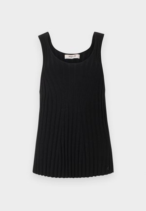 Melna ribota bezroku adīta virsjaka ar apaļu kakla izgriezumu un nelielu zīmola logotipu pie apakšējā malas.