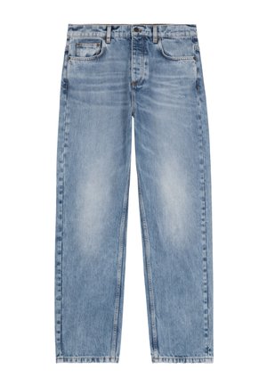 Lichtblauwe rechte denim jeans met vervaagde textuur, voorzakken, riemlussen en knoopsluiting.