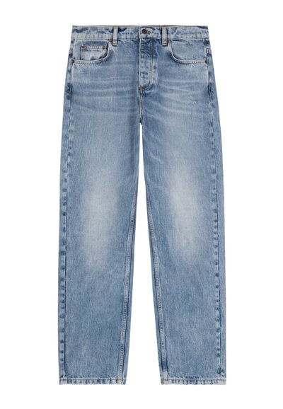 Lichtblauwe rechte denim jeans met vervaagde textuur, voorzakken, riemlussen en knoopsluiting.