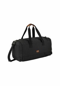 Borsa da viaggio nera in tessuto con doppie maniglie, tracolla removibile e un dettaglio in pelle marrone. Presenta due scomparti con zip e una forma strutturata.