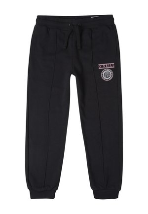 Sorte sweatpants lavet af blødt materiale, med elastisk snøre i taljen, elastiske manchetter, logo detaljer på forsiden og side søms accenter.