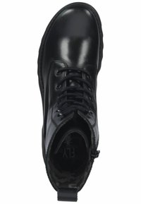 Black leather ankle boot with a smooth finish, rounded toe, and lace-up front. Features a pull tab and textured interior lining.