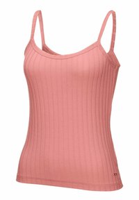 Roosa ribaga tank top õhukeste randmetega, millel on pooltihendatud disain ja sile tekstuur. Märkimisväärseteks detailideks on väike logo aktsent allservas.