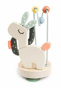 Houten lama-vormige speelgoed met siliconen oren, stoffen manen, kleurrijke kralen op een draadmaze en een ronde houten basis met een zuignap.