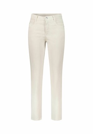 Strakke, roomkleurige broek met knoop- en ritssluiting aan de voorkant, riemlussen en voorzakken, afgebeeld tegen een witte achtergrond.