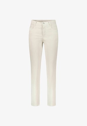 Strakke, roomkleurige broek met knoop- en ritssluiting aan de voorkant, riemlussen en voorzakken, afgebeeld tegen een witte achtergrond.