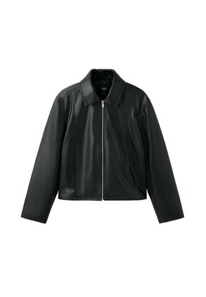 Veste noire en cuir synthétique avec fermeture éclair intégrale à l’avant, manches longues et col pointu, présentée sur fond blanc.
