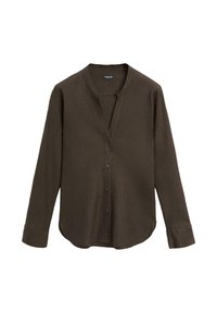 Chemise à manches longues marron foncé avec boutons et col officier, ourlet arrondi, présentée sur fond blanc.