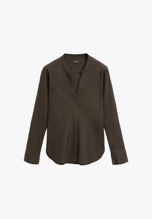 Dunkelbraunes langärmliges Hemd mit Knöpfen, Stehkragen und abgerundetem Saum, auf weißem Hintergrund dargestellt.