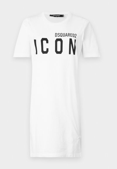 T-shirt en coton blanc à manches courtes, avec un imprimé noir en gras "ICON" et le logo "DSQUARED2" au-dessus. Col rond classique.