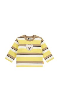 Geel en bruin gestreepte langemouwen shirt met een berengezicht borduursel op de borst en een knoopsluiting op de schouder.