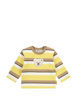 Langärmliges Shirt in Gelb und Braun mit Streifen, bestickt mit einem Bärenkopf auf der Brust und einem Knopfverschluss an der Schulter.