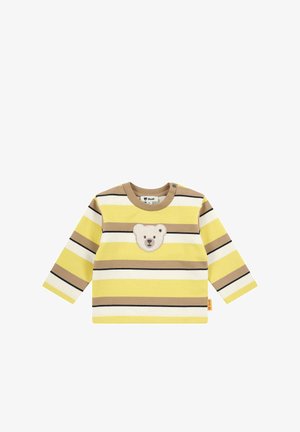 Langärmliges Shirt in Gelb und Braun mit Streifen, bestickt mit einem Bärenkopf auf der Brust und einem Knopfverschluss an der Schulter.