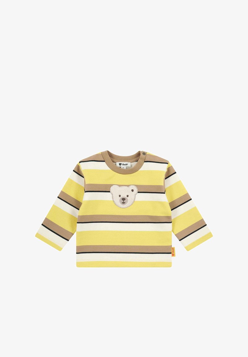 Langärmliges Shirt in Gelb und Braun mit Streifen, bestickt mit einem Bärenkopf auf der Brust und einem Knopfverschluss an der Schulter.