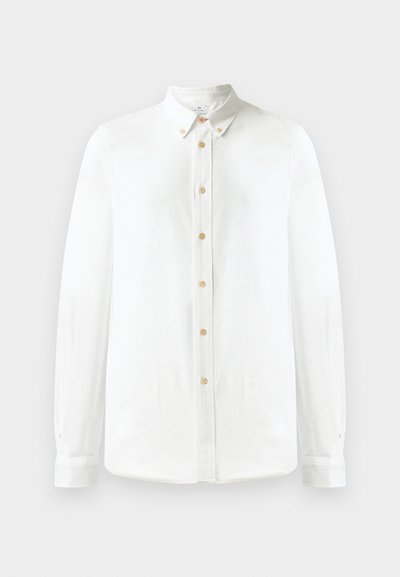 White long-sleeve button-up shirt made of soft fabric, featuring a classic collar, a row of round brown buttons, and buttoned cuffs.