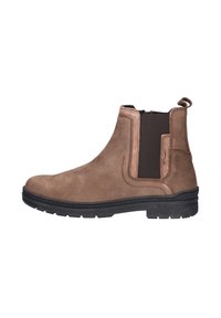 Botte Chelsea en daim marron avec panneau élastique noir sur les côtés, semelle en caoutchouc noire et languette à l'arrière.
