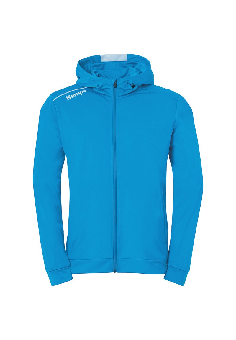 Veste à capuche zippée bleue en tissu doux et léger. Comprend une capuche, une fermeture éclair à l'avant et un logo sur le côté supérieur gauche.