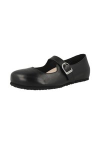 Czarne skórzane buty typu Mary Jane z okrągłym noskiem, szerokim paskiem i zapięciem na klamrę, gumową podeszwą oraz gładką powierzchnią.