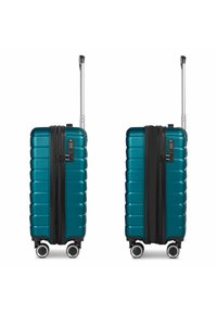 Tealfarbener Hartschalenkoffer mit strukturiertem Oberflächen, Doppelspinnrädern und einem ausziehbaren Griff. Verfügt über einen schwarzen Reißverschluss und ein Zahlenschloss.