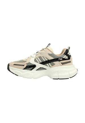 Sneakers in pink, black, and white. Mesh upper with textured patterns, padded collar, and thick white sole with black accents.