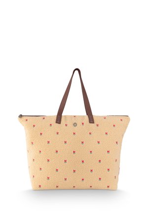 Beige tote bag with small red tulip patterns, brown handles, and a zipper closure at the top.