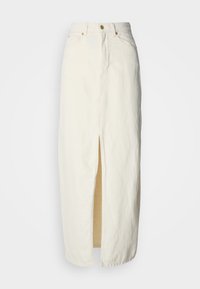 Λευκή φούστα από τζιν με εμπρόσθια σχισμή, ψηλή μέση, χρυσό κούμπωμα με κουμπί και δύο εμπρόσθιες τσέπες. Απλός, ίσιος σχεδιασμός.