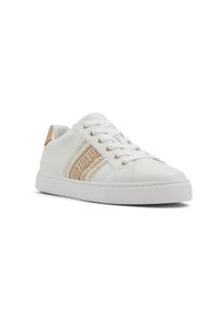 White leather sneakers featuring beige textured stripes and gold-toned eyelets. White rubber sole with a textured grip. Smooth finish.