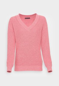 Pull rose tricoté avec un col en V et des manches longues. Présente un motif texturé avec de subtiles mouchetures ainsi que des poignets et une bordure côtelés.