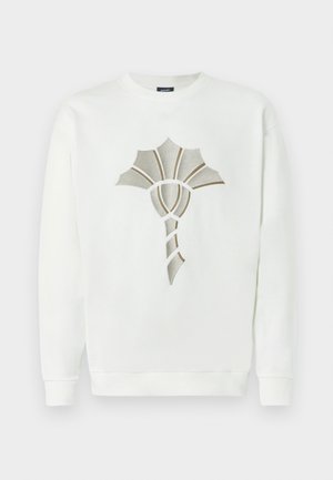 Weißer Sweatshirt mit einem strukturierten, metallischen Gold- und Silberdesign in der Mitte; hat einen runden Ausschnitt und gerippte Bündchen.