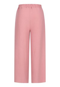 Pantalon rose à jambes larges avec taille élastique, en tissu texturé, montré de face sur un fond blanc.
