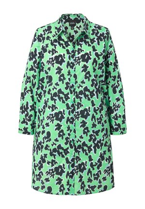 Green button-up shirt featuring a black and blue abstract pattern, with a collar and three-quarter sleeves, made from smooth fabric.