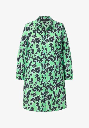 Vihreä napitettava paita, jossa on musta ja sininen abstrakti kuvio, kaulus ja kolme neljännesosa hihoja, valmistettu sileästä kankaasta.