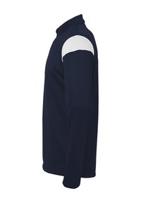 Marineblauer Langarmpullover mit kurzem Kragen und weißen Schulterakzenten. Glattes Material, taillierter Schnitt und weiche Textur.