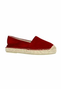 Rode suède espadrille met een gesloten ontwerp, voorzien van een geweven jute zool en een ronde neus. Het bovenwerk is glad zonder patronen.