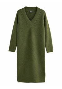 Groene geribbelde gebreide jurk met een V-hals, lange mouwen en een losse pasvorm, met een textuurstof voor een gezellige uitstraling.