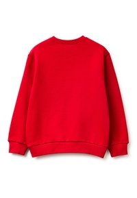 Sudadera roja con cuello redondo, mangas largas y puños acanalados. Textura lisa sin logotipos ni patrones visibles. Vista trasera mostrada.