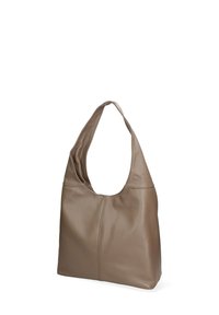 Bruine leren hobo tas met een slappig ontwerp, enkele gebogen schouderriem en zichtbare naadtoegang, met een zachte textuur afwerking.