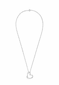 Silverhalsband med en vriden kedja, som har en hjärtformad hänge prydd med små, inlagda stenar.