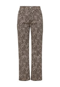 Spodnie w wzór panterki z brązowym i beżowym wzorem, prosty krój, przednie kieszenie oraz klasyczne zapięcie na guzik i zamek błyskawiczny.