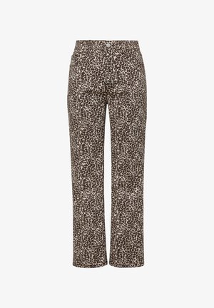 Spodnie w wzór panterki z brązowym i beżowym wzorem, prosty krój, przednie kieszenie oraz klasyczne zapięcie na guzik i zamek błyskawiczny.