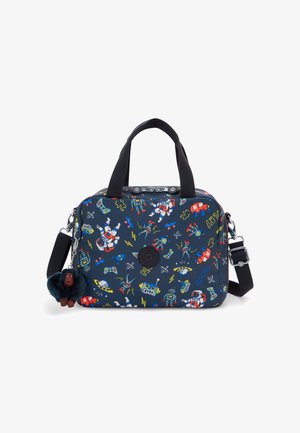 Rechthoekige marineblauwe tas met kleurrijke ruimte-thema print, met twee handvatten en een afneembare schouderband. Inclusief een harige aap sleutelhanger als accent.