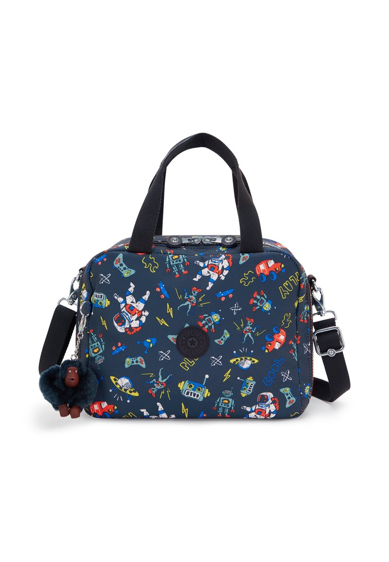 Borsa rettangolare blu navy con stampa a tema spaziale colorata, dotata di due manici e di una tracolla removibile. Include un portachiavi a forma di scimmietta peluche.