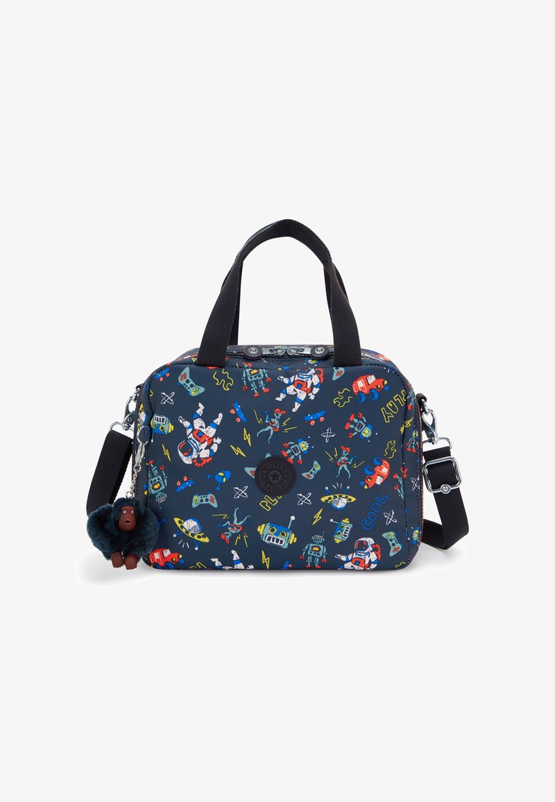 Rektangulær navy taske med farverigt rum-tema-print, der har to håndtag og en aftagelig rem. Inkluderer en pelsagtig abe-nøglekæde som accent.