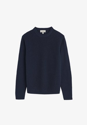 Suéter de punto en color azul marino con un patrón texturizado, escote redondo y puños y bajo acanalados. Fabricado con un material suave y cálido.