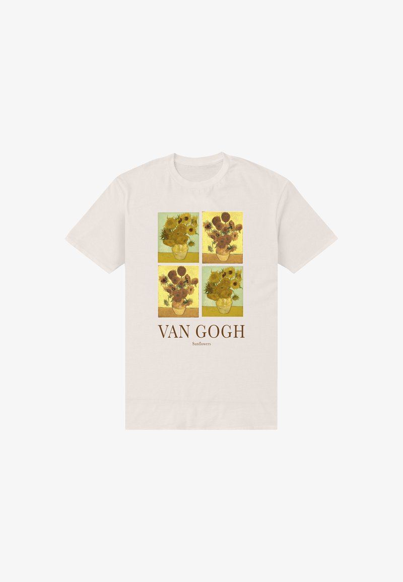 Beige T-shirt featuring four Van Gogh sunflower paintings in a grid with "VAN GOGH Sunflowers" text below the artwork.
