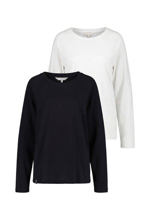 Two long-sleeve crew neck shirts, one black in front and one white behind, displayed on a plain white background.