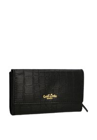 Zwarte lederen portemonnee met een krokodillen-embossed textuur, met gouden logo-details, een ritssluiting en ruime binnencompartimenten.